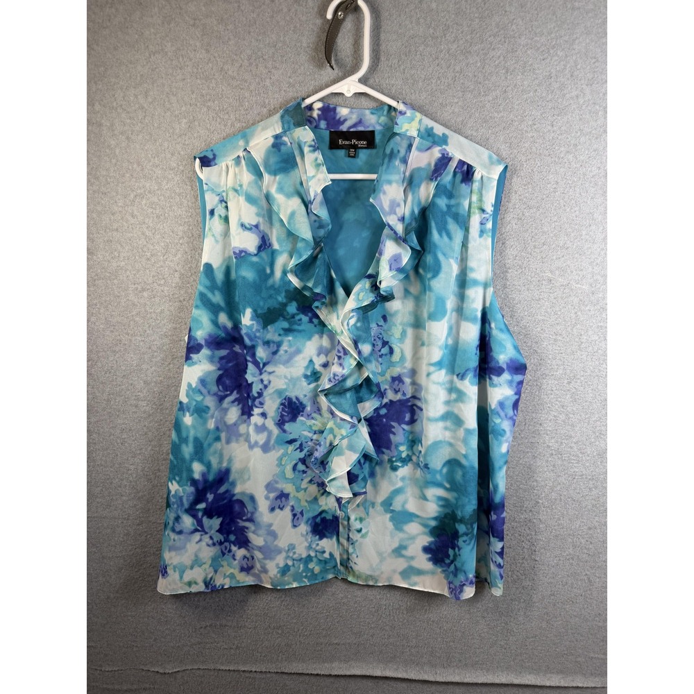 Evan Picone Blouse Womens 20W Blue Floral Ruffle V Neck Sleeveless Lined Top